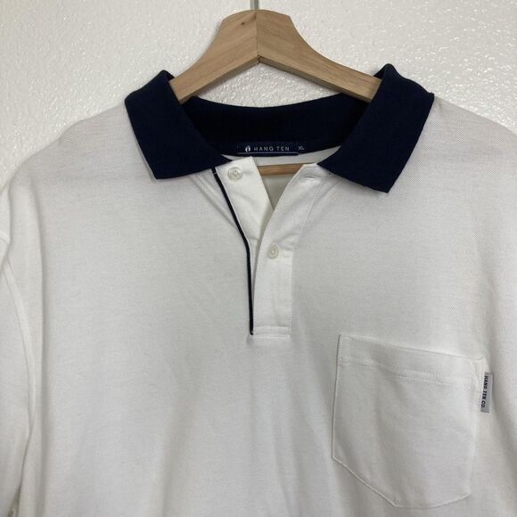 Hang Ten Polo Shirt Mens XL Classic Surf Pocket Top White Navy - Picture 3 of 13